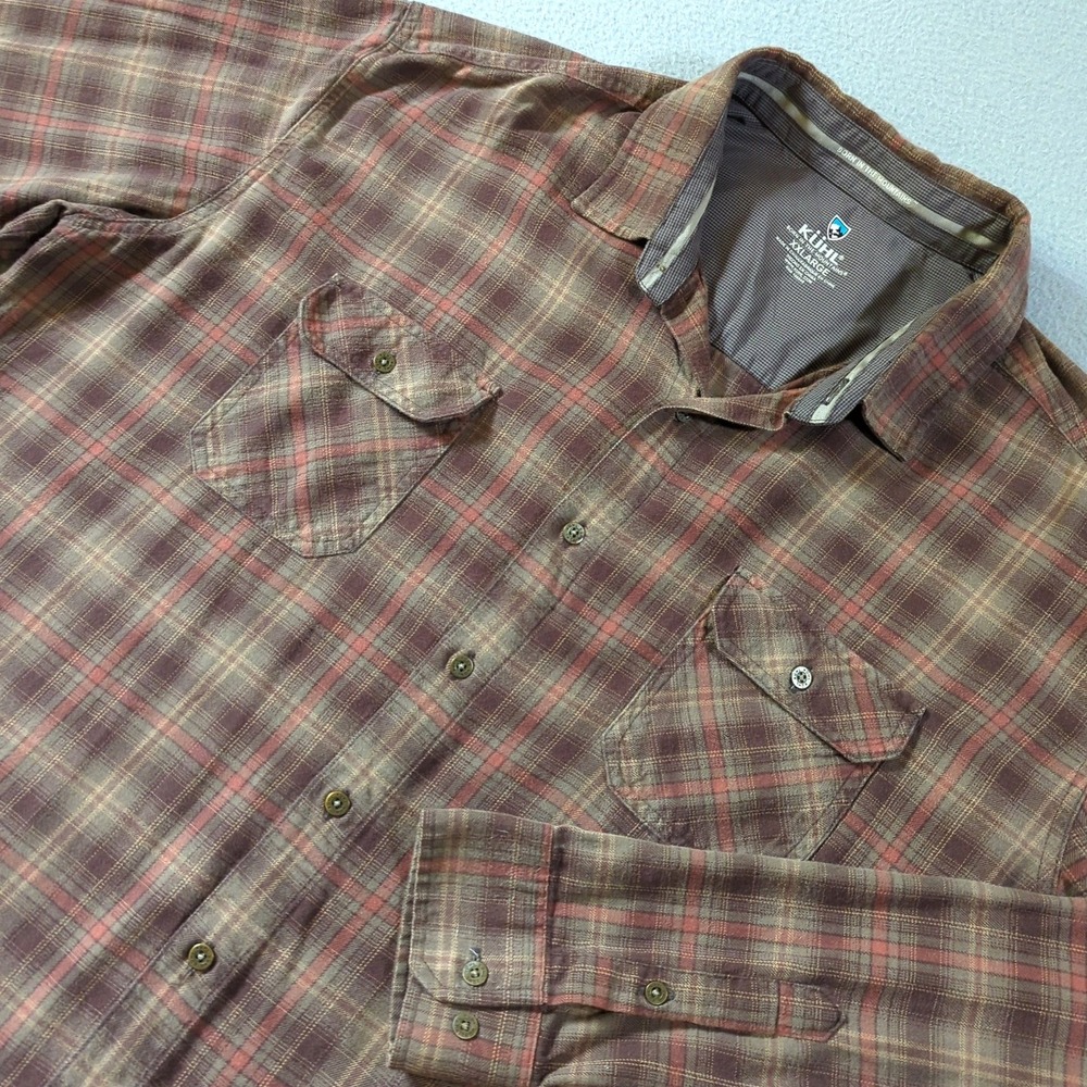 Kuhl Dillingr Flannel Shirt Mens XXL Plaid Brown Long Sleeve Flap Pockets